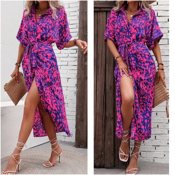 Leopard Print Button up Kimono Sleeve Shirt Dress - Picture 5 of 7